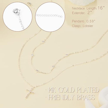 Poxtex Cross Necklace for Women Teen Girls, Dainty 14K Gold Silver Plated Cross Choker Jewelry Non Tarnish Waterproof Cute Simple Small Necklace Christian Baptism Religious Faith Jewelry Gifts - color: 07 Stacked Silver Necklace-CZS