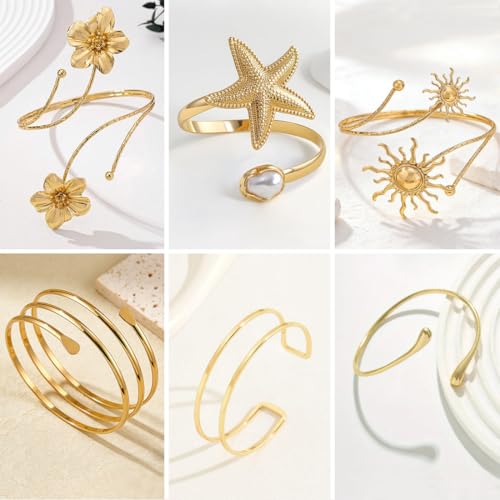 ItsStarred Minimalist Arm Cuff Gold Plated, Upper Arm Cuff Bangle Bracelet for Women, Adjustable Arm band Set 6 Pieces - color: B: Gold Plated Flower & Sun