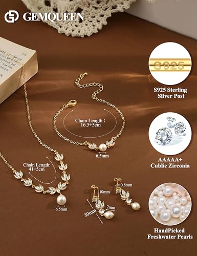 14K Gold Plated Pearl Jewelry Set 925 Sterling SIlver Post | Dainty Dangle Earrings Adjustment Pearl Necklace Bracelet Wedding Jewelry Sets for Bride Bridesmaid Trendy - color: Gold 2