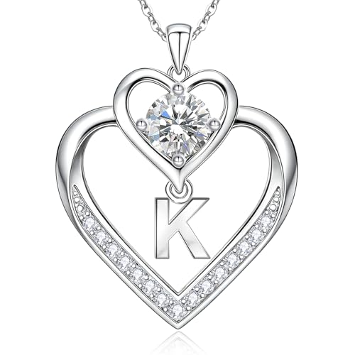 RIVIKO 1 Carat Moissanite Heart Initial Necklace for Women,Letter Pendant | 925 Sterling Silver Chain,Personalized Jewelry,Anniversary Birthday Gifts for Wife Friend Mom - color: Letter K
