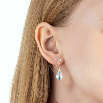 Austrian Crystal Baroque Drop Clip On Dangle Earrings for Women Non Pierced 14K Rose Gold Plated Hypoallergenic Jewelry - color: Aurora Borealis