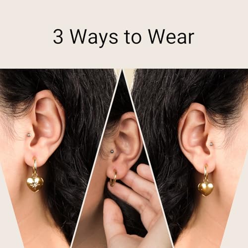 18k Gold Plated Puffy Heart Work Earrings, Business Casual Office Jewelry for Women, Gold Celestial April Birthstone Earrings for Mom, North Star Guidance Charm 15mm Huggie Dangle Hoops