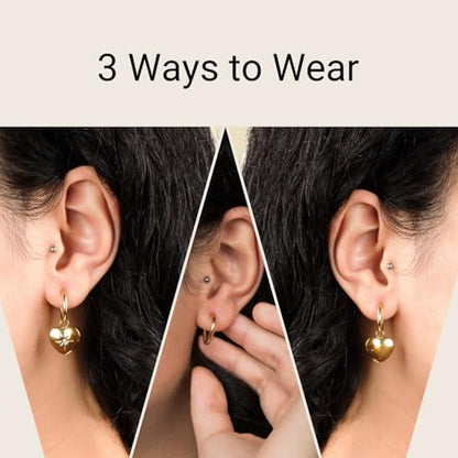 18k Gold Plated Puffy Heart Work Earrings, Business Casual Office Jewelry for Women, Gold Celestial April Birthstone Earrings for Mom, North Star Guidance Charm 15mm Huggie Dangle Hoops