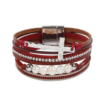 Vercret Leather Wrap Bracelet for Women, Multi-Layer Cuff Bangle | Boho Stacked Bracelets with Safe Clasp Western Bangle Jewelry Gift for Lady and Mom Sister Friend - style: Red