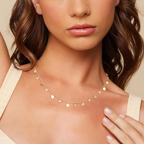 MTMY Gold Choker Necklace for Women, 14K Gold Plated Dainty Cubic Zirconia Cross Heart Shell Teardrop Charm Station Necklaces Trendy Summer Jewelry Gift - style: Heart