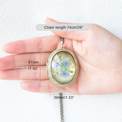 Vintage Photo Locket Necklace Handmade Pressed Flower Locket Necklace for Women - style: Forget Me Not(1.53"x 1.85")