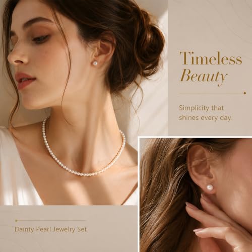 D.Bella Pearl Necklace Stud Earrings Set for Women Dainty Round Imitation Pearl Choker Necklace for Wedding -5Pairs Hypoallergenic Earrings Delicate Jewelry - color: A-Silver
