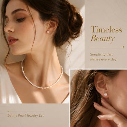 D.Bella Pearl Necklace Stud Earrings Set for Women Dainty Round Imitation Pearl Choker Necklace for Wedding -5Pairs Hypoallergenic Earrings Delicate Jewelry - color: A-Silver