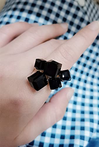 Hebelee Boho Square Crystal Statement Ring for Women Adjustable | Gold-Toned Expandable Promise Engagement Geometric Rings Comfort Fit Elegant Art Deco Christmas Cocktail Y2K Jewelry - color: Black