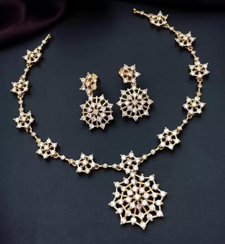 Antique Gold Plated Temple Jewellery Necklace Set with Earrings for Women, Traditional Indian Bridal Necklace Set, South Indian Choker Haram Style Jewellery Set, Ethnic Wedding Party Wear Necklace Set for Women - color: AD-Neck-120