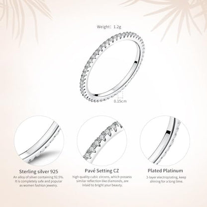 2MM Thin Band Eternity Ring 925 Sterling Silver Black Cubic Zirconia Engagement Ring Wedding Anniversary Stackable Ring For Her