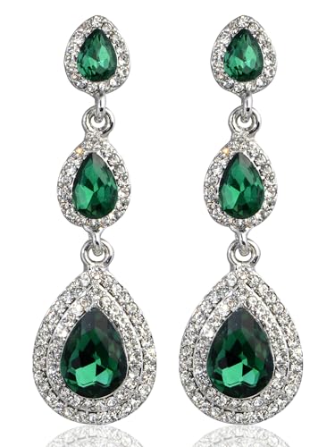 Crystal Teardrop Dangle Earrings - S925 Sterling Silver Posts Rhinestone Drop Earrings for Women Wedding Bridal Brides Bridesmaids Party Prom Pageant Fashion Costume Jewelry - style: 3 teardrop dangle earrings green silver