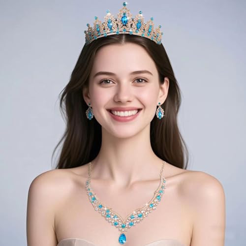 Tiaras and Crowns for Women,Tiaras Earrings Necklace, Crystal Bridal Jewelry Set - color: Lake Blue