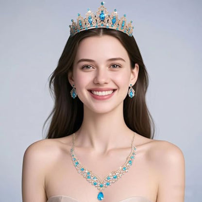 Tiaras and Crowns for Women,Tiaras Earrings Necklace, Crystal Bridal Jewelry Set - color: Lake Blue