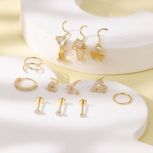 REVOLIA 12Pcs 20G Nose Ring Set 316L Stainless Steel Nose Rings Hoop for Women CZ L Shaped Studs Dangle Heart Butterfly Screw Nose Studs Cute Threadless Flat Back Nose Piercings Jewelry - color: Gold