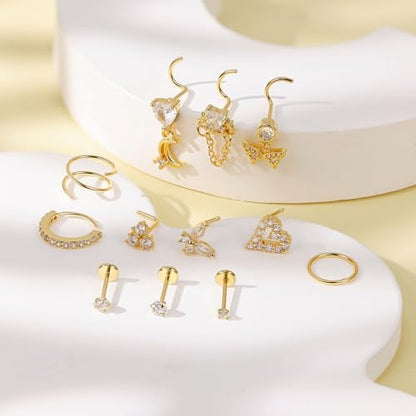 REVOLIA 12Pcs 20G Nose Ring Set 316L Stainless Steel Nose Rings Hoop for Women CZ L Shaped Studs Dangle Heart Butterfly Screw Nose Studs Cute Threadless Flat Back Nose Piercings Jewelry - color: Gold