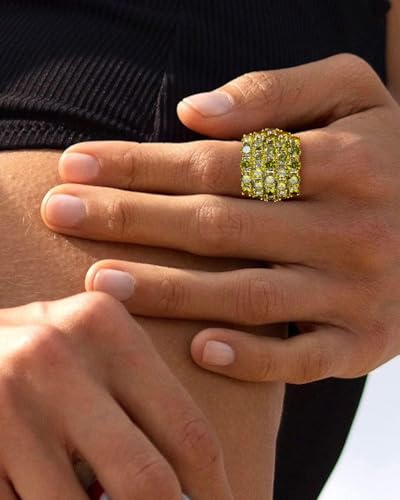 925 Sterling Silver Pave Birthstone Chunky Statement Rings for Women Men | 14K Gold Plated/Silver Large Dome Ring Birthday Cocktail Jewelry,Size 6 to 10(with Gift Box) - color: 08-Created Peridot-Aug.