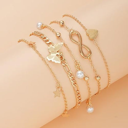 Fesciory 14K Gold Plated Ankle Bracelets Sets For Women, Adjustable Layered Infinite Anklet, Summer Beach Butterfly Star Foot Chain Jewelry Gifts - style: Butterfly(Gold)