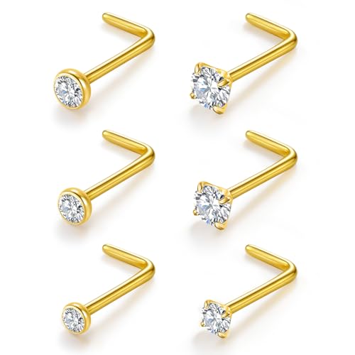 Gotumo 20G Nose Rings Titanium Nose Studs Cubic Zirconia Straight Nose Piercing Jewelry Hypoallergenic Nose Rings Studs for Women Men 6pcs set Silver - color: Gold, size: 20G L Shaped 6pcs