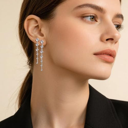 2 Pairs Long Diamond Dangle Tassel Earrings for Women | 14K Gold Silver Plated, Dainty Diamond Crystal Drop Earring, Small Cz Statement Dangly, for Wedding Bridesmaid, Jewelry Gifts - color: 2 Pairs Silver