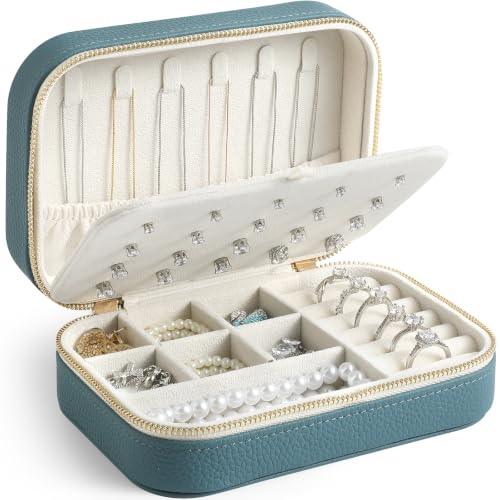 Genuine Leather Travel Jewelry Organizer Case for Women, Small Mini Portable Jewelry Box for Ring Earrings Necklace Bracelet Luxury Gift for Women Peacock Green - color: Peacock Green