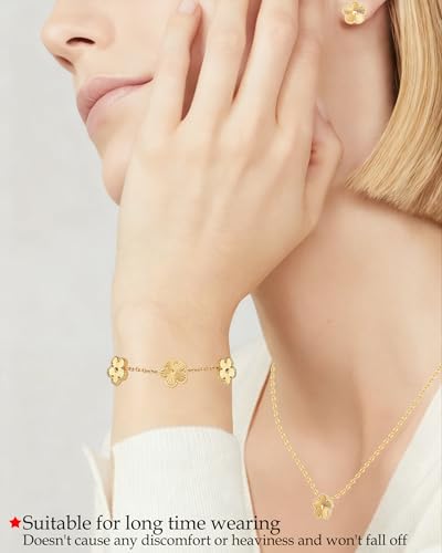 Clover Jewelry Set 3 PC - 18K Gold Plated Stainless Steel Y Necklace Four Leaf Pendant, Clover Link Bracelet Charm, Flower Earrings, Hypoallergenic Non-Tarnish,Simple Luxury Lucky Gifts for Women - color: Gold