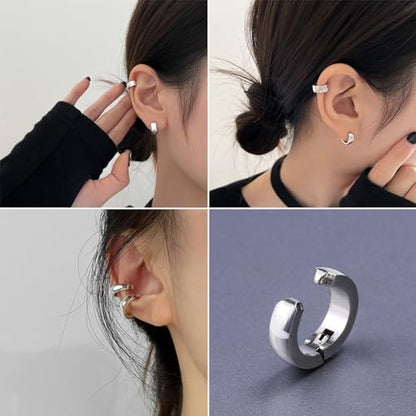 SIISPRI Stainless Steel Mens Womens Clip On Earrings Hoop Huggie Non-Piercing - color: Silver
