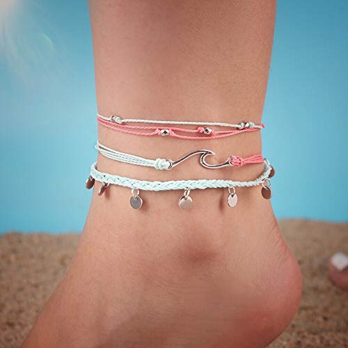 Waterproof String Anklets Cute Beaded Ankle Bracelets Beach Wave Anklet Stainless Steel Coin Boho Ankle Jewelry for Women - color: Teal