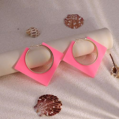 Colorful Large Hoop Earrings for Women Big Square Hollow Hoops Dangle Earrings Trendy Chunky Geometric Square Earring 80s 90s Neon Hoop Dangle Earrings - color: pink