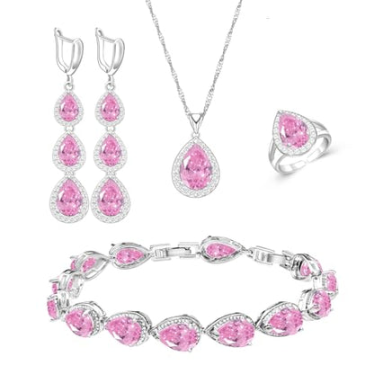 LMXXVJ Necklace Long Earrings Bracelet Set, White Gold Plated Created Blue Sapphire Jewelry Set Wedding Party Gift Jewelry for Women Bridal Bridesmaid - color: White Gold-Pink Ring
