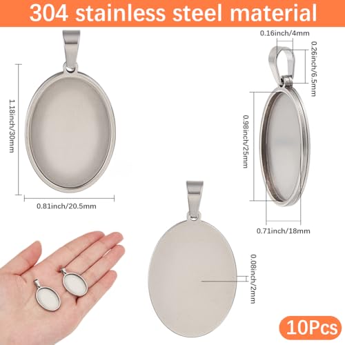 1 Box 10Pcs Oval Pendant Trays Stainless Steel Cabochon Blanks Silver 18 x 25mm Cameo Memorial Photo Charm Blank Cabochons Bezel Base Settings for Jewelry Making DIY Resin Craft Findings - style: silver oval