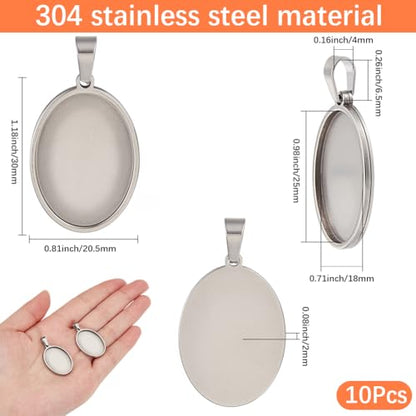 1 Box 10Pcs Oval Pendant Trays Stainless Steel Cabochon Blanks Silver 18 x 25mm Cameo Memorial Photo Charm Blank Cabochons Bezel Base Settings for Jewelry Making DIY Resin Craft Findings - style: silver oval
