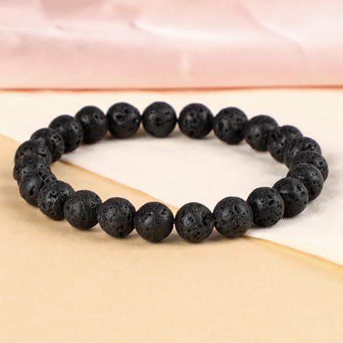 LPBeads Handmade Natural Gemstone Stretch Elastic Bracelet Healing Crystal Round Stone Beads Jewelry Gifts for Women Men - color: Black Lava, size: 8mm