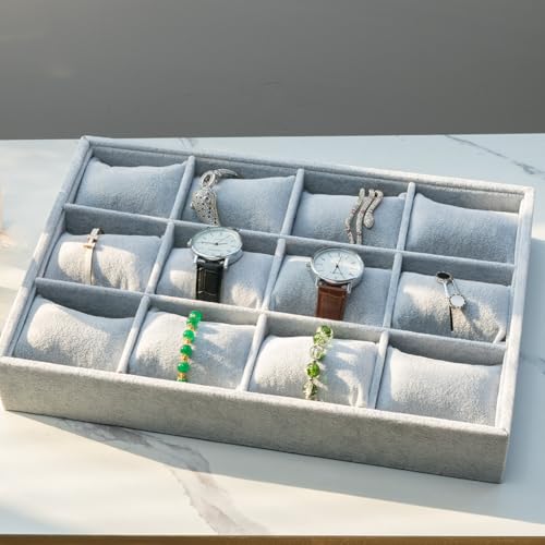 Jewelry Watch Tray, Grey Velvet Watch Jewelry Organizer 12 Grid, Stackable Watch Bracelet Bangle Display Holder, Adjustable Pillows, for Man Woman Show Birthday - color: Grey