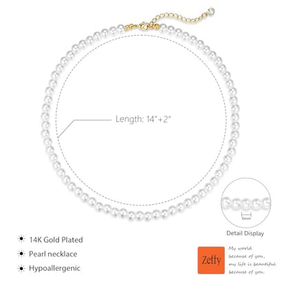 Zeffy Pearl Necklace 4MM/6MM/8MM Dainty Round Imitation Pearl Choker Necklace Wedding Pearl Necklace Delicate Jewelry for Women Simple Bridesmaid Jewelry Gifts - style: 6mm Gold Pearl Necklace(14"+2")