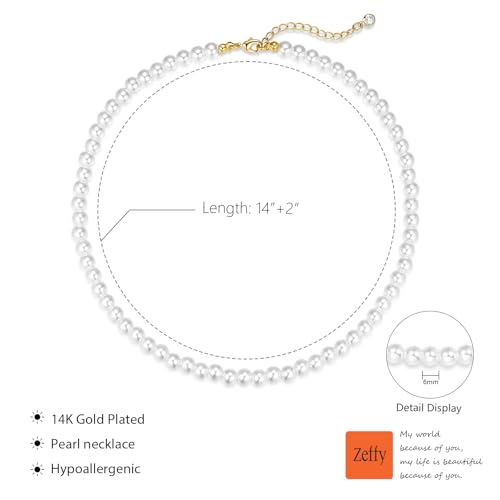 Zeffy Pearl Necklace 4MM/6MM/8MM Dainty Round Imitation Pearl Choker Necklace Wedding Pearl Necklace Delicate Jewelry for Women Simple Bridesmaid Jewelry Gifts - style: 6mm Gold Pearl Necklace(14"+2")