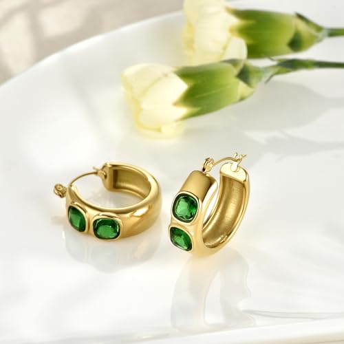 FRUMOS 18K Gold Plated Chunky Hoop Earrings for Women Fashion Thick Gold Hoops Set Jewelry for Birthday Christmas Gifts - color: Green CZ-2 Hoop