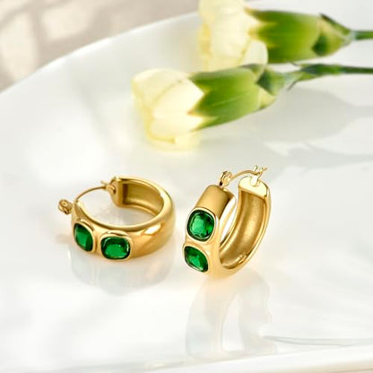 FRUMOS 18K Gold Plated Chunky Hoop Earrings for Women Fashion Thick Gold Hoops Set Jewelry for Birthday Christmas Gifts - color: Green CZ-2 Hoop