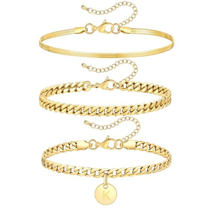 FOSIR Gold Initial Ankle Bracelets for Women, 14k Gold Plated Layered Anklets for Women 3Pcs Waterproof Stainless Steel Cuban Link Herringbone Chain Anklets Set - style: K-gold