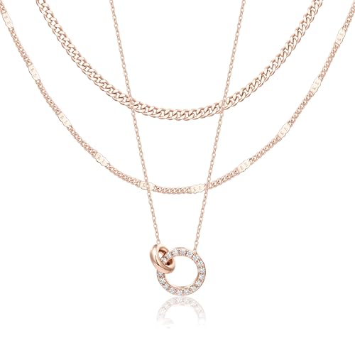 WomenGifts Layered Gold Necklaces for Women, 14K Gold Sterling Silver Plated Dainty Pendant Necklace Set Non Tarnish, Chunky Stackable Cuban Chain Choker, Trendy Birthstone Vacation Jewelry Gift - color: Rose Gold, style: Double Circle