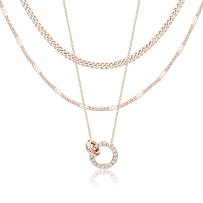 WomenGifts Layered Gold Necklaces for Women, 14K Gold Sterling Silver Plated Dainty Pendant Necklace Set Non Tarnish, Chunky Stackable Cuban Chain Choker, Trendy Birthstone Vacation Jewelry Gift - color: Rose Gold, style: Double Circle
