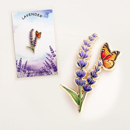 Lavender Pin & Butterfly Flower Pin, Floral Insect Art, Nature Lover Gift, Botanical Accessory, Purple Flower Lapel