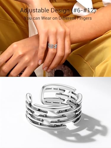 PROSILVER 925 Sterling Silver Adjustable Open Ring for Women, Solid Sterling Silver Stackable Ring, knuckle Finger Ring, Pinky Ring, Come with Box - style: 08 Antique Silver Ring