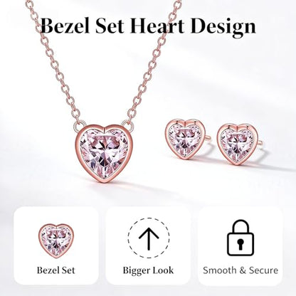 925 Sterling Silver Cubic Zirconia Necklace and Earrings Set for Women, Heart, Cushion, Round, Emerald Cut CZ, Solitaire Bezel Jewelry Set, CZ Bridal Jewelry Set, Bridesmaid Gift - style: Heart Cut(Rose Gold)
