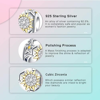 LUXILLA Love You Best Friend Grandma Wife Heart Charm 925 Sterling Silver Charms Fit for Bracelets Necklace Jewelry Gift for Women - color: Moon Sun Star Charm