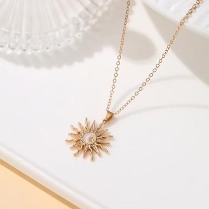 Gold Sun Pendant Necklace with Rhinestone Accent, Elegant and Fashionable, Perfect for Daily Wear & Special Occasions - color: Gold/Cable Chain