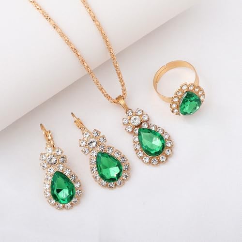Teardrop/Heart Crystal Jewelry Set for Women, Gold Tone Rhinestone Necklace Earrings Ring Set, Wedding Bridal Prom Party Jewelry Gift - color: Green (teardrop)