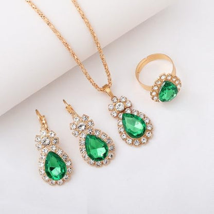 Teardrop/Heart Crystal Jewelry Set for Women, Gold Tone Rhinestone Necklace Earrings Ring Set, Wedding Bridal Prom Party Jewelry Gift - color: Green (teardrop)