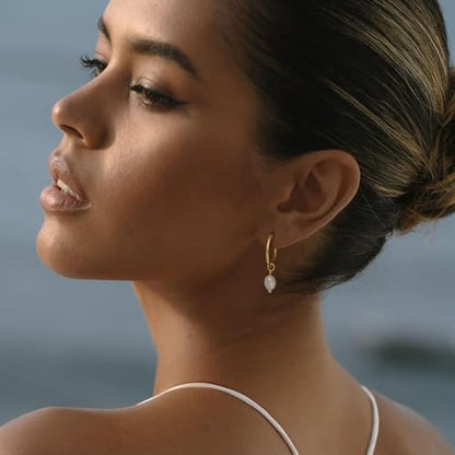 Robaice Pearl Earrings for Women, 14K Gold Plated Dangle Drop Earrings | Small Pearl Drop Huggie Hoop Earrings, Hypoallergenic Dainty Gold Earrings, Wedding Jewelry Gifts for Women Trendy - style: glossy pearl earrings