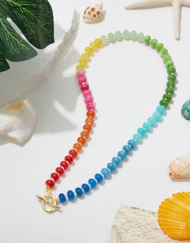 Beaded Necklaces for Women, Boho Colorful Bead Choker Necklace | Natural Gemstones, Summer Beach Jewelry, 18K Gold Plated, Handmade, Gift for Her,Charm Necklace - color: Rainbow-OT-Shaped Clasp